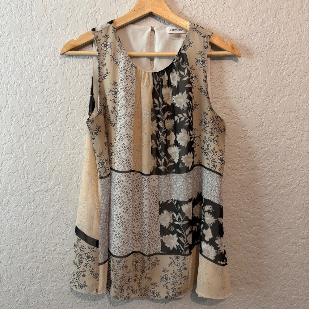 Calvin Klein Floral Patchwork Sleeveless Blouse Size‎ S Boho Chic Neutral Top